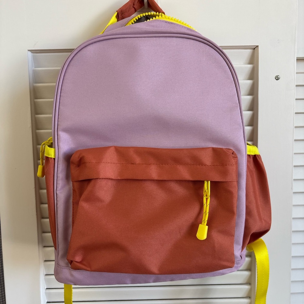 NEW Crate and Barrel Kids Lavender + Rust Colorblock Backpack w/Yellow Accents
